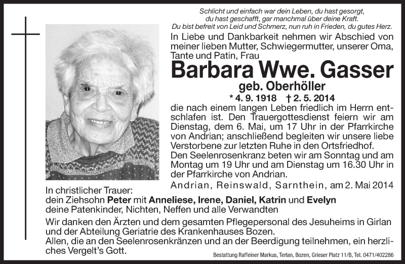  Traueranzeige für Barbara Gasser vom 03.05.2014 aus Dolomiten