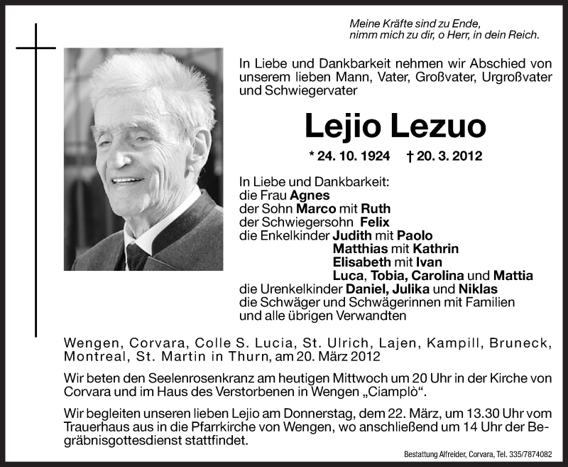  Traueranzeige für Lejio Lezuo vom 21.03.2012 aus Dolomiten