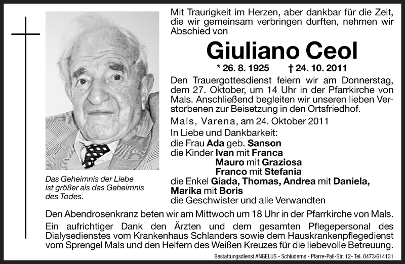  Traueranzeige für Giuliano Ceol vom 01.01.0001 aus Dolomiten