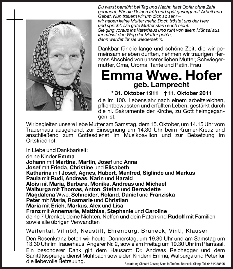  Traueranzeige für Emma Hofer vom 13.10.2011 aus Dolomiten