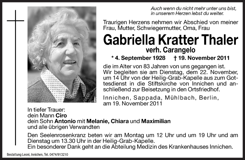  Traueranzeige für Gabriella Carangelo vom 21.11.2011 aus Dolomiten