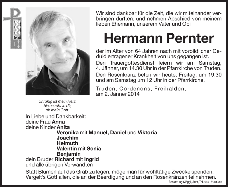  Traueranzeige für Hermann Pernter vom 03.01.2014 aus Dolomiten