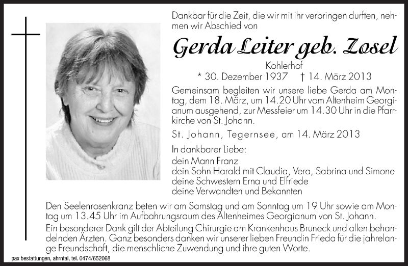  Traueranzeige für Gerda Leiter vom 16.03.2013 aus Dolomiten