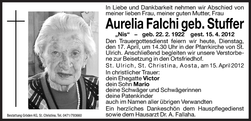  Traueranzeige für Aurelia Falchi vom 17.04.2012 aus Dolomiten