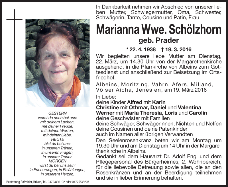  Traueranzeige für Marianna Schölzhorn vom 21.03.2016 aus Dolomiten