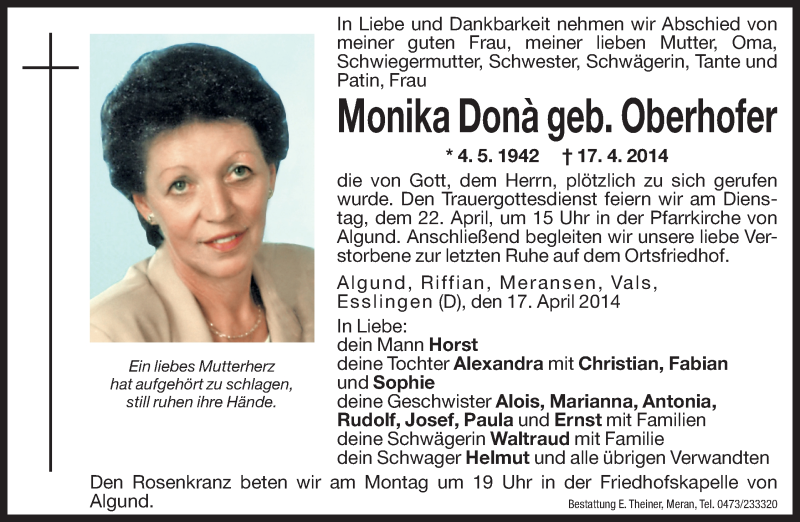  Traueranzeige für Monika Donà vom 18.04.2014 aus Dolomiten