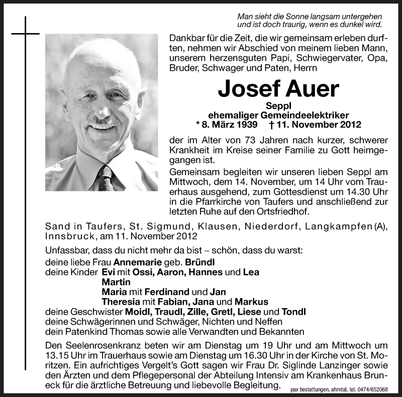  Traueranzeige für Josef Auer vom 13.11.2012 aus Dolomiten