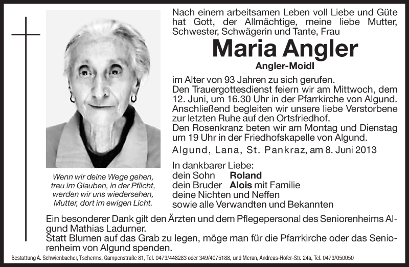  Traueranzeige für Maria Angler vom 10.06.2013 aus Dolomiten