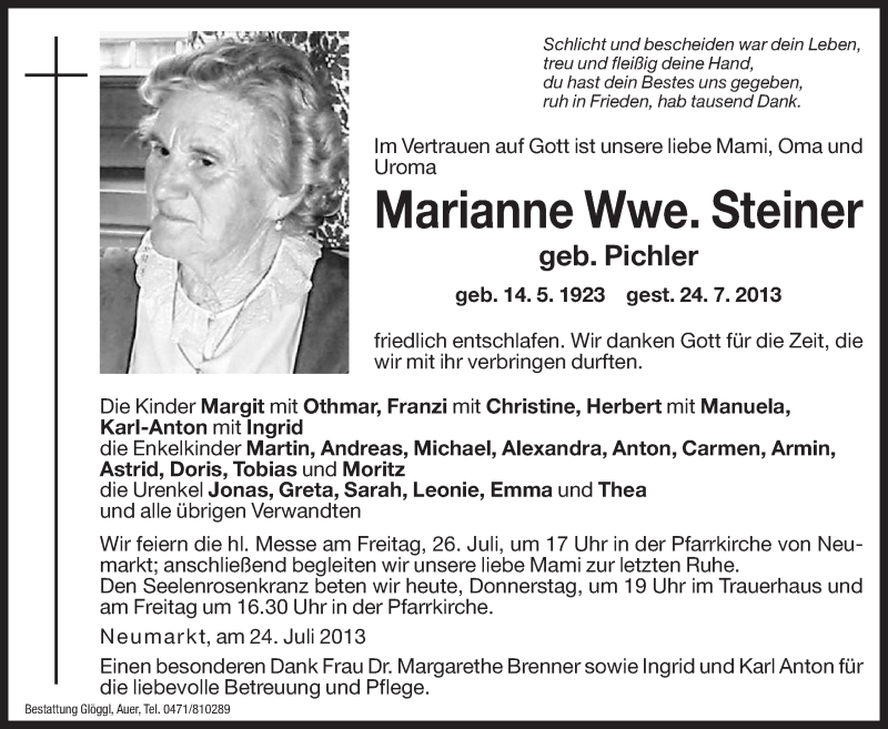  Traueranzeige für Marianne Steiner vom 25.07.2013 aus Dolomiten