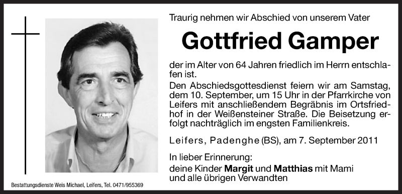  Traueranzeige für Gottfried Gamper vom 09.09.2011 aus Dolomiten