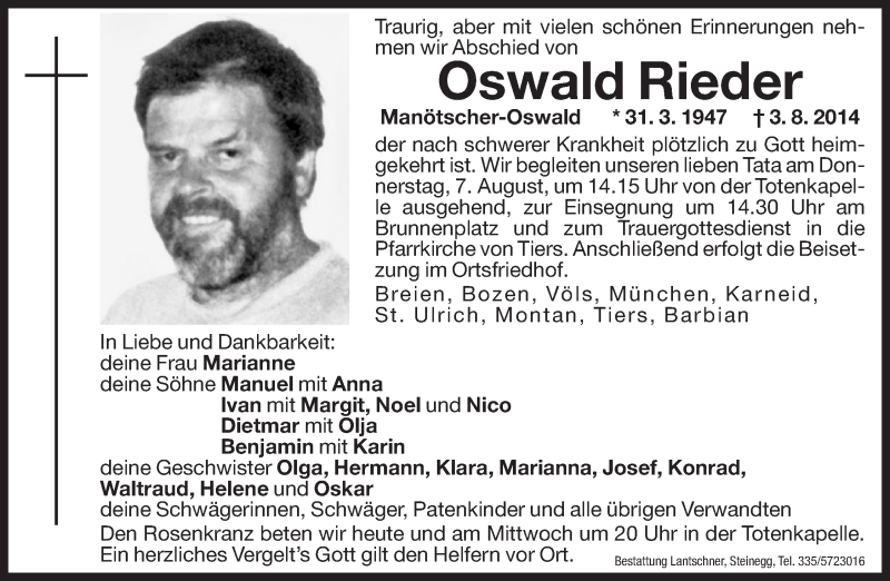  Traueranzeige für Oswald Rieder vom 05.08.2014 aus Dolomiten