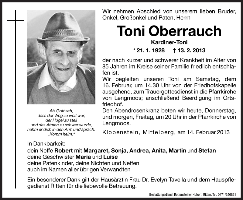  Traueranzeige für Toni Oberrauch vom 14.02.2013 aus Dolomiten