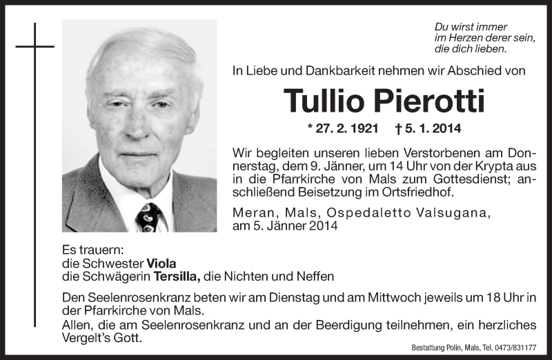  Traueranzeige für Tullio Pierotti vom 07.01.2014 aus Dolomiten