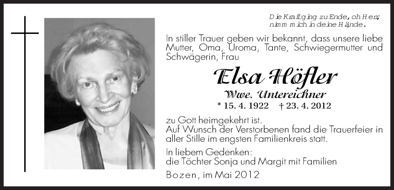  Traueranzeige für Elsa Höfler vom 03.05.2012 aus Dolomiten