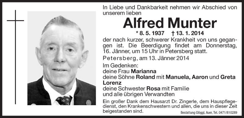  Traueranzeige für Alfred Munter vom 14.01.2014 aus Dolomiten