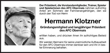 Traueranzeige von Hermann Klotzner von Dolomiten