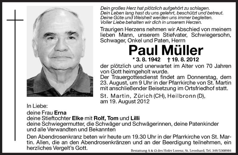  Traueranzeige für Paul Müller vom 01.01.0001 aus Dolomiten