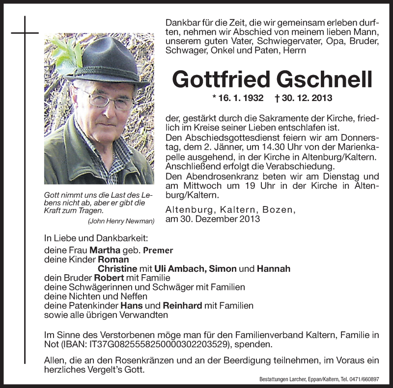  Traueranzeige für Gottfried Gschnell vom 31.12.2013 aus Dolomiten