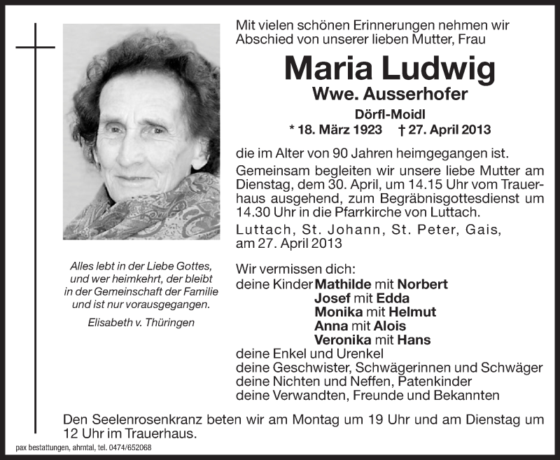  Traueranzeige für Maria Ausserhofer vom 29.04.2013 aus Dolomiten