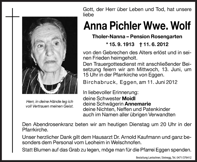  Traueranzeige für Anna Wolf vom 12.06.2012 aus Dolomiten