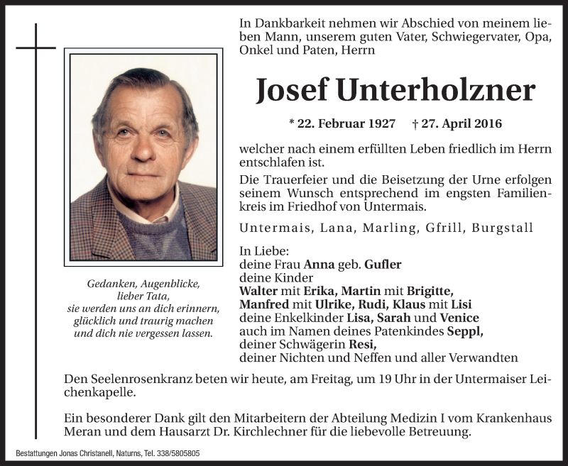  Traueranzeige für Josef Unterholzner vom 29.04.2016 aus Dolomiten