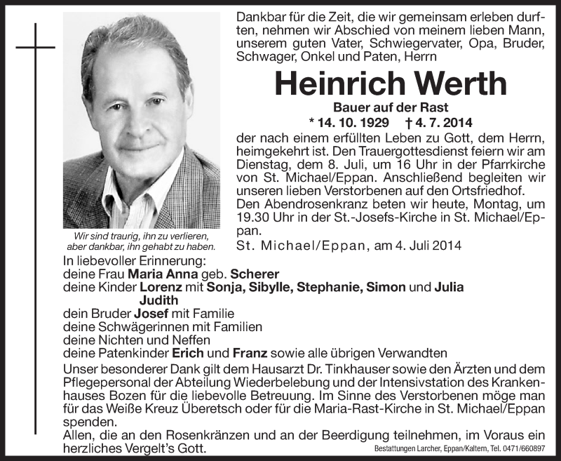  Traueranzeige für Heinrich Werth vom 07.07.2014 aus Dolomiten