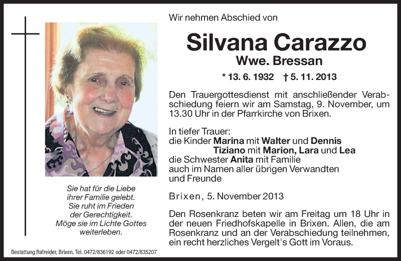  Traueranzeige für Silvana Bressan vom 07.11.2013 aus Dolomiten