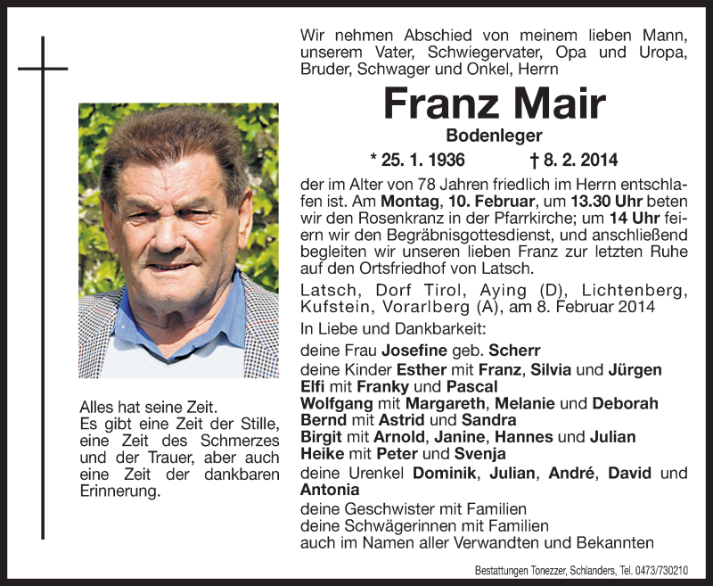  Traueranzeige für Franz Mair vom 10.02.2014 aus Dolomiten