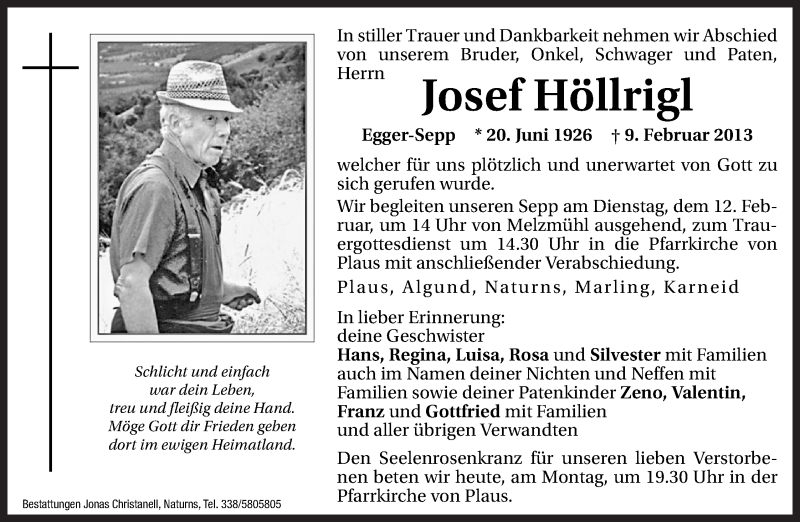  Traueranzeige für Josef Höllrigl vom 11.02.2013 aus Dolomiten