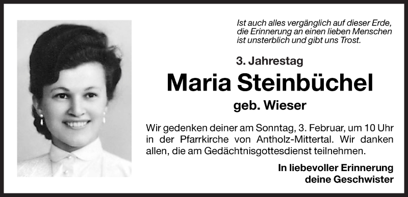  Traueranzeige für Maria Steinbüchel vom 01.02.2013 aus Dolomiten