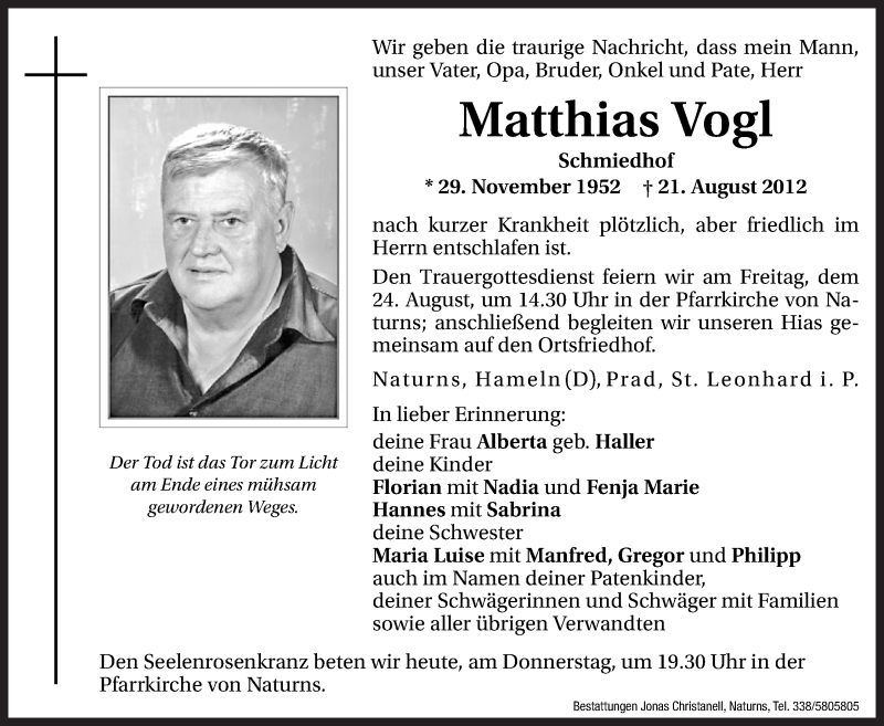  Traueranzeige für Matthias Vogl vom 01.01.0001 aus Dolomiten