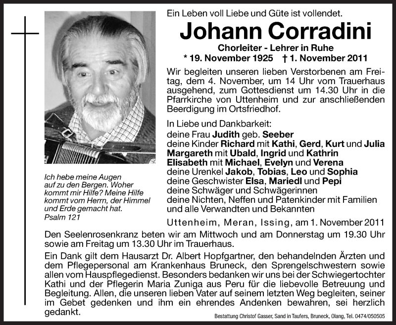  Traueranzeige für Johann Corradini vom 11.02.2011 aus Dolomiten