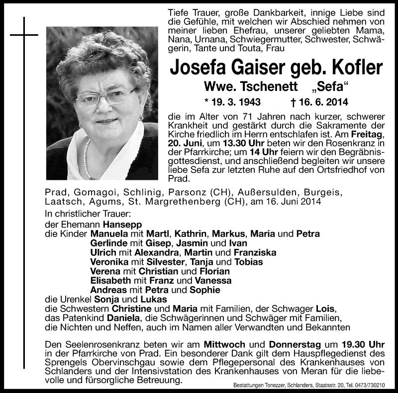  Traueranzeige für Josefa Gaiser vom 18.06.2014 aus Dolomiten