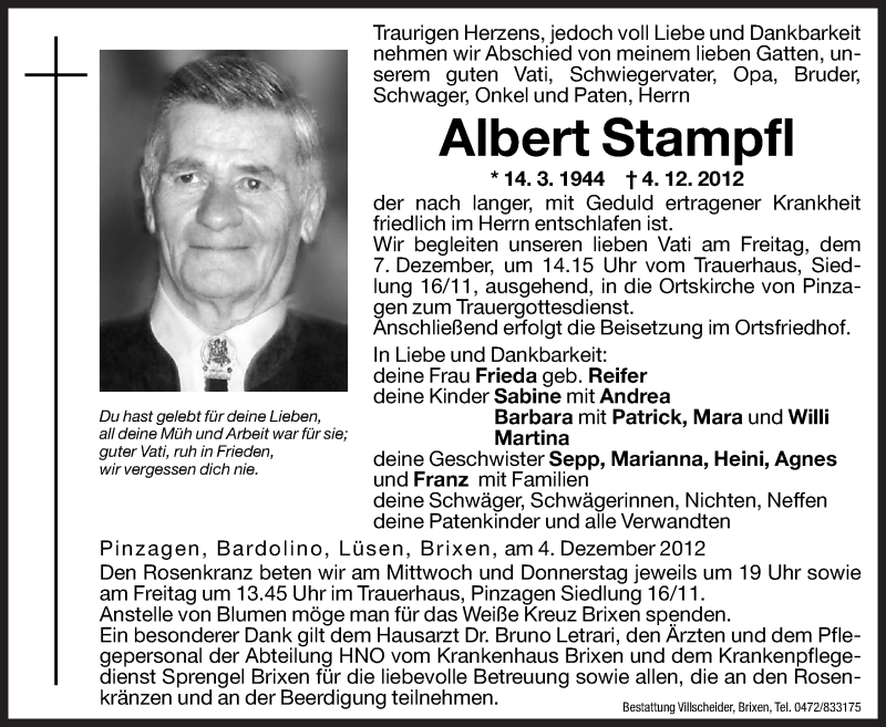  Traueranzeige für Albert Stampfl vom 05.12.2012 aus Dolomiten