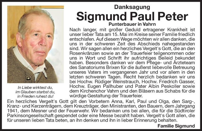  Traueranzeige für Sigmund Paul Peter vom 07.06.2014 aus Dolomiten