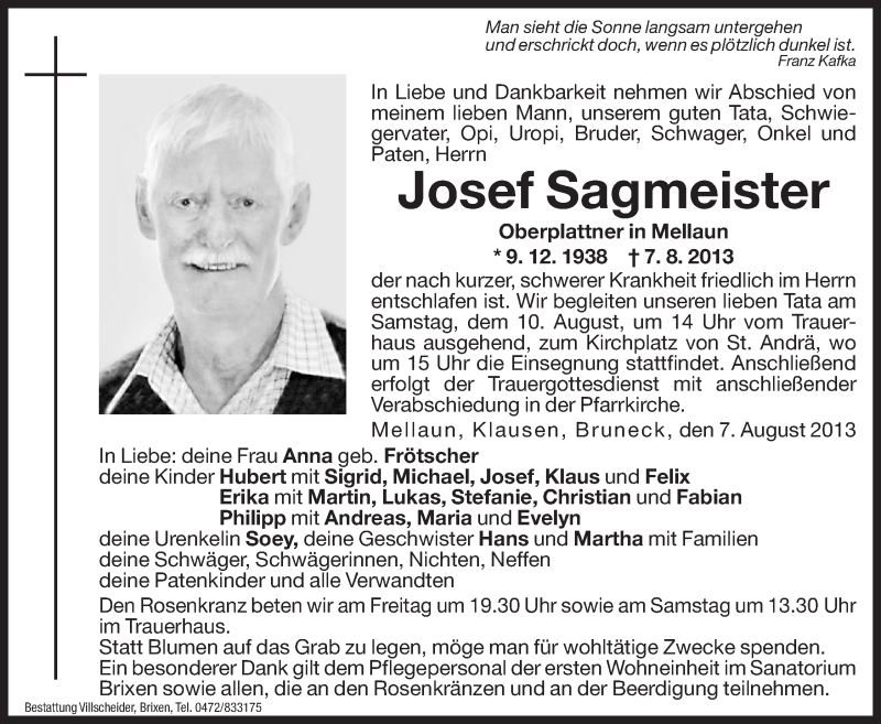  Traueranzeige für Josef Sagmeister vom 09.08.2013 aus Dolomiten