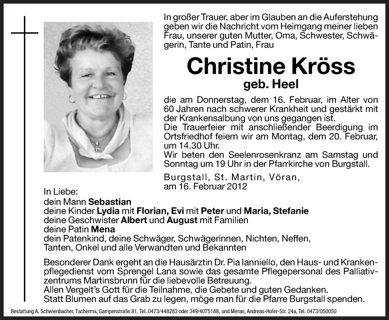  Traueranzeige für Christine Kröss vom 18.02.2012 aus Dolomiten