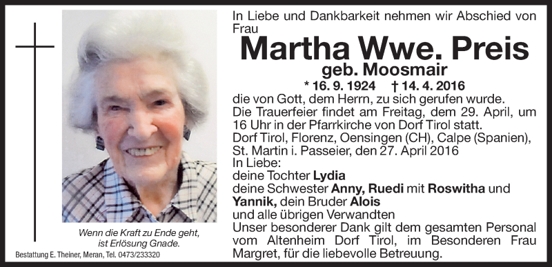  Traueranzeige für Martha Preis vom 27.04.2016 aus Dolomiten