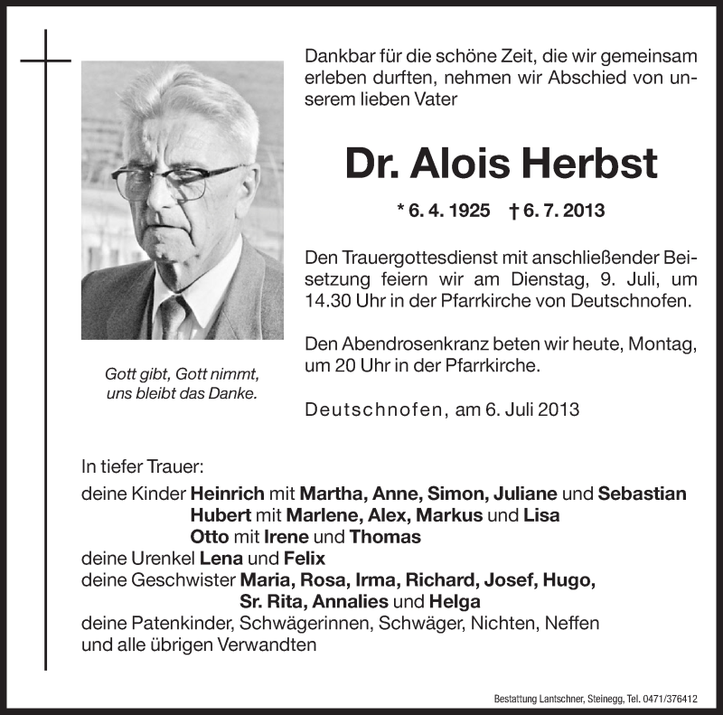  Traueranzeige für Alois Herbst vom 08.07.2013 aus Dolomiten