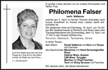 Traueranzeige von Philomena Falser von Dolomiten