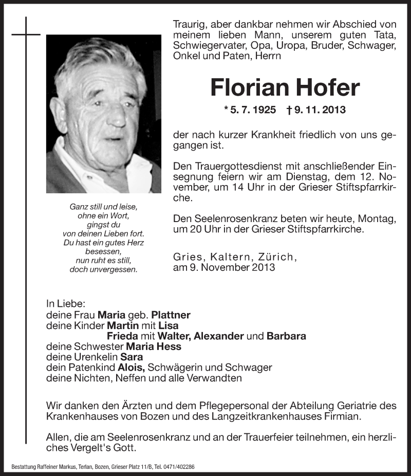  Traueranzeige für Florian Hofer vom 11.11.2013 aus Dolomiten