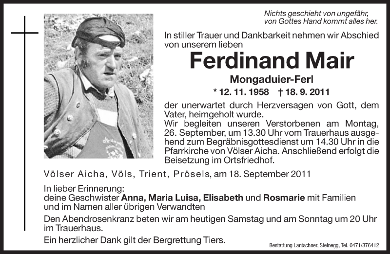  Traueranzeige für Ferdinand Mair vom 24.09.2011 aus Dolomiten