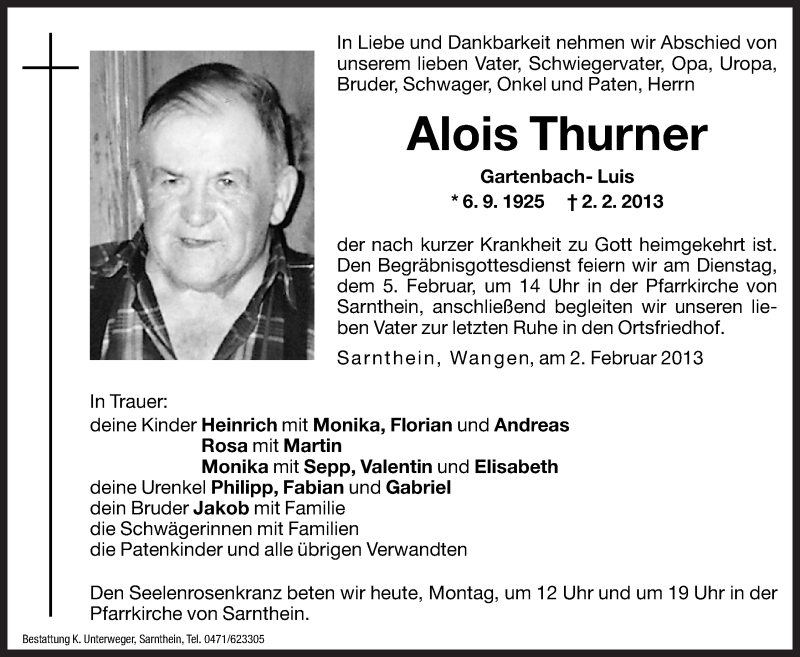  Traueranzeige für Alois Thurner vom 04.02.2013 aus Dolomiten