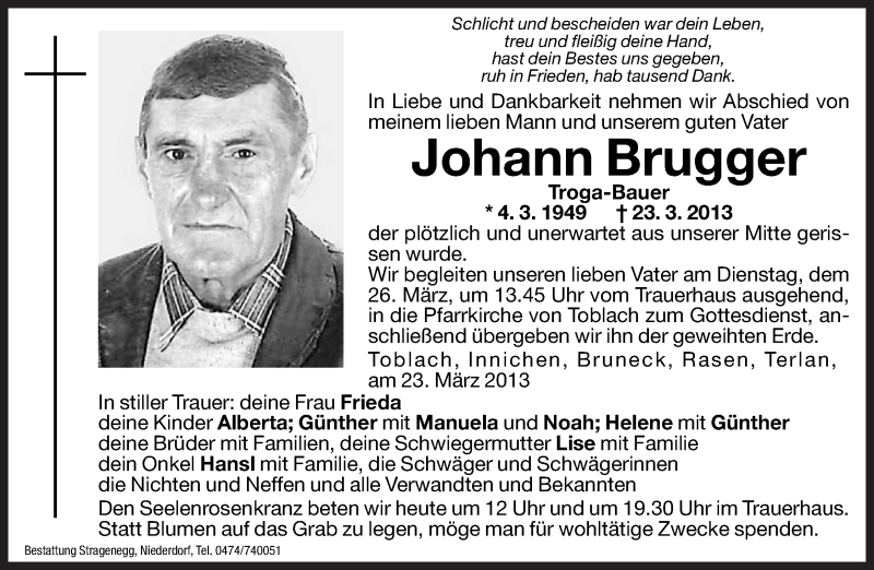  Traueranzeige für Johann Brugger vom 25.03.2013 aus Dolomiten