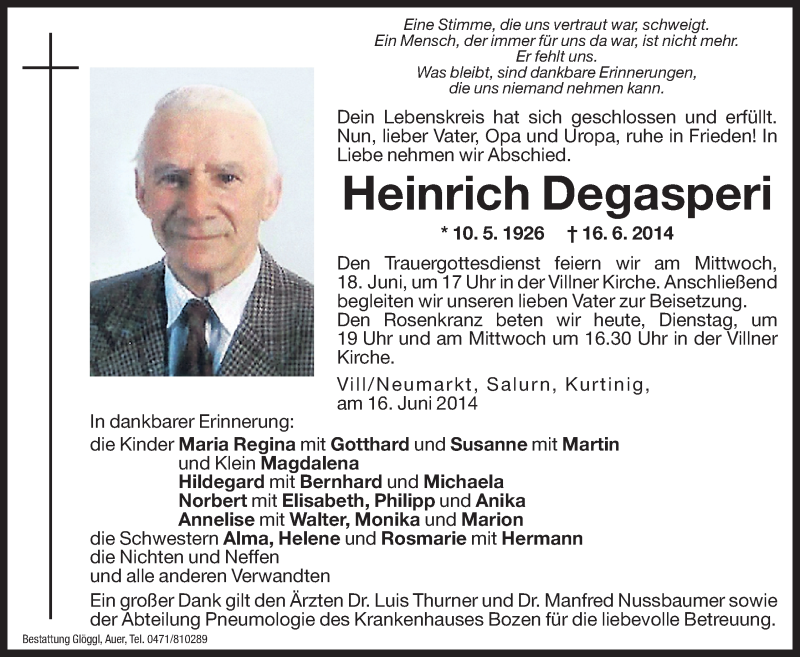  Traueranzeige für Heinrich Degasperi vom 17.06.2014 aus Dolomiten