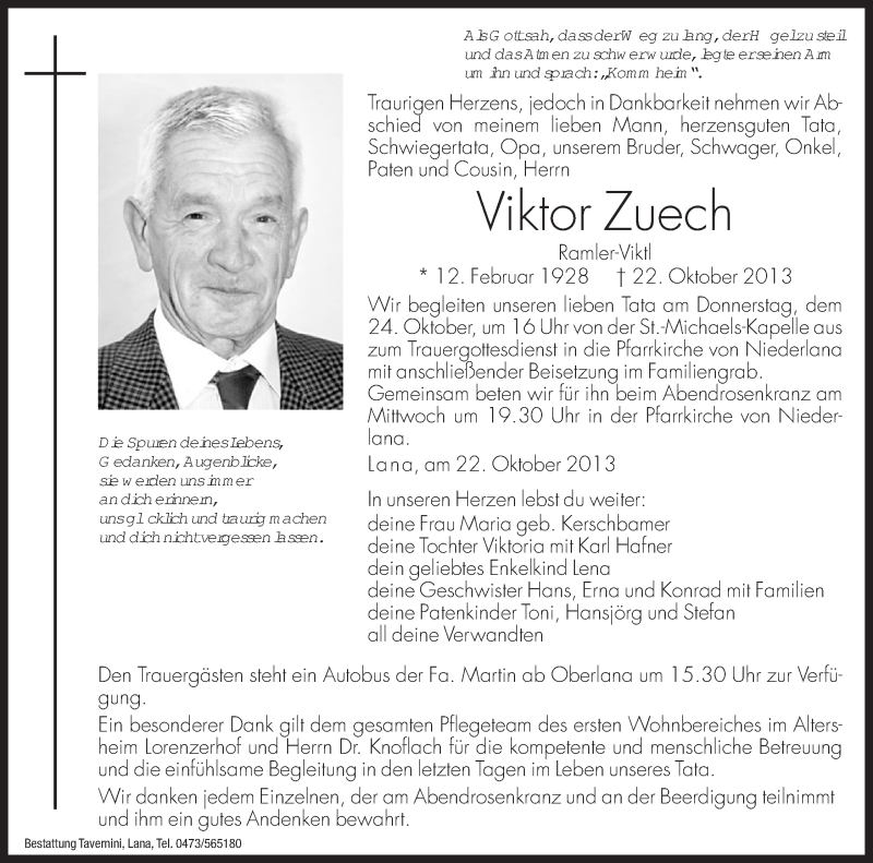  Traueranzeige für Viktor Zuech vom 23.10.2013 aus Dolomiten