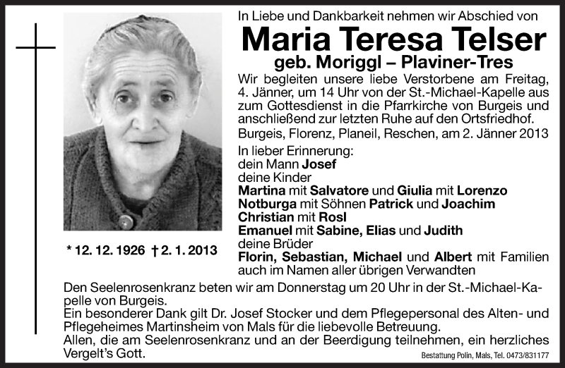  Traueranzeige für Maria Teresa Telser vom 03.01.2013 aus Dolomiten