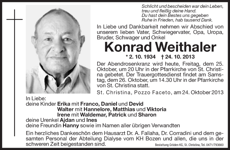  Traueranzeige für Konrad Weithaler vom 25.10.2013 aus Dolomiten