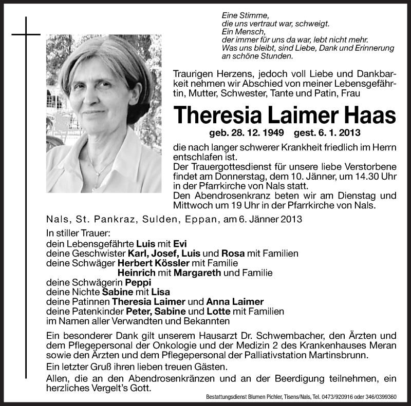  Traueranzeige für Theresia Laimer Haas vom 08.01.2013 aus Dolomiten