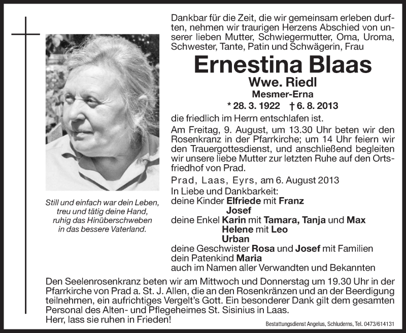  Traueranzeige für Ernestina Riedl vom 07.08.2013 aus Dolomiten